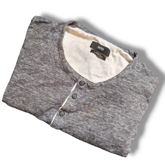 HUGO BOSS - Men's Gray Casual Button Neck Short Sleeve T-Shirt Cotton Linen - Picture 2 of 5